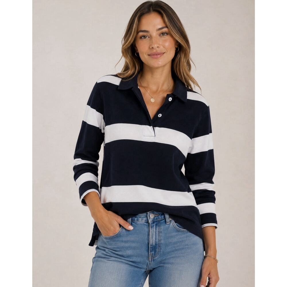 Madewell Rugby Shirt Women XXS Oversized Black Ivory Stripe Long Sleeve NWT